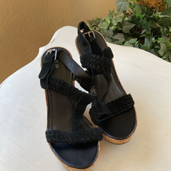 BP. Black Braided Leather T-Strap Platform Cork Wedge Sandals Size 8M - Picture 5 of 16